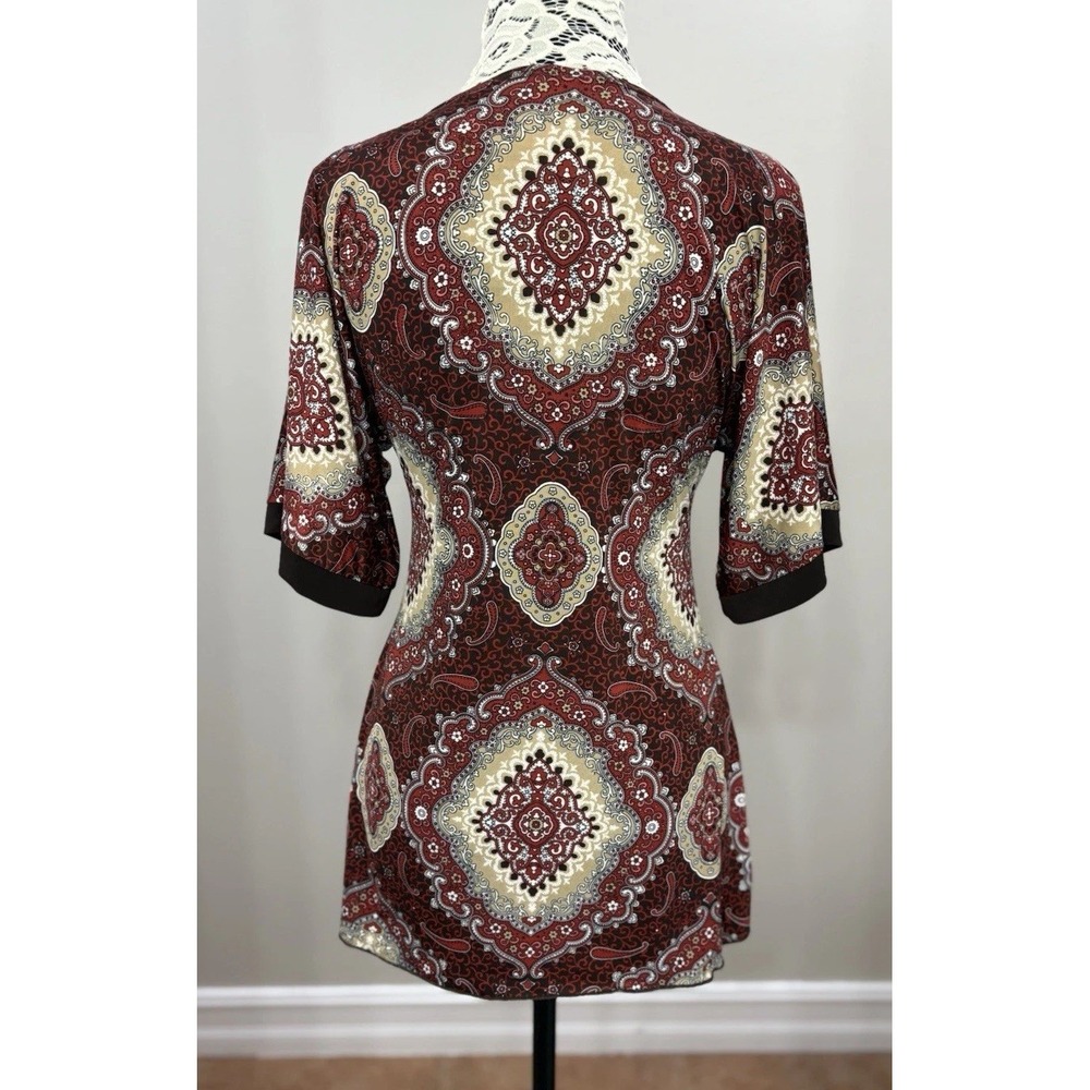 Y2K Vintage Babydoll Top Medium Burgundy Cottagecore V Neck Short‎ Slv Tie Retro - Picture 3 of 11